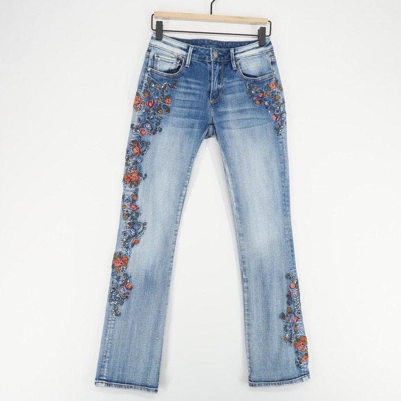 Driftwood Jeans Womens 25 Embroidered Floral Bootcut Stretch Boho Denim Pants - Picture 1 of 8